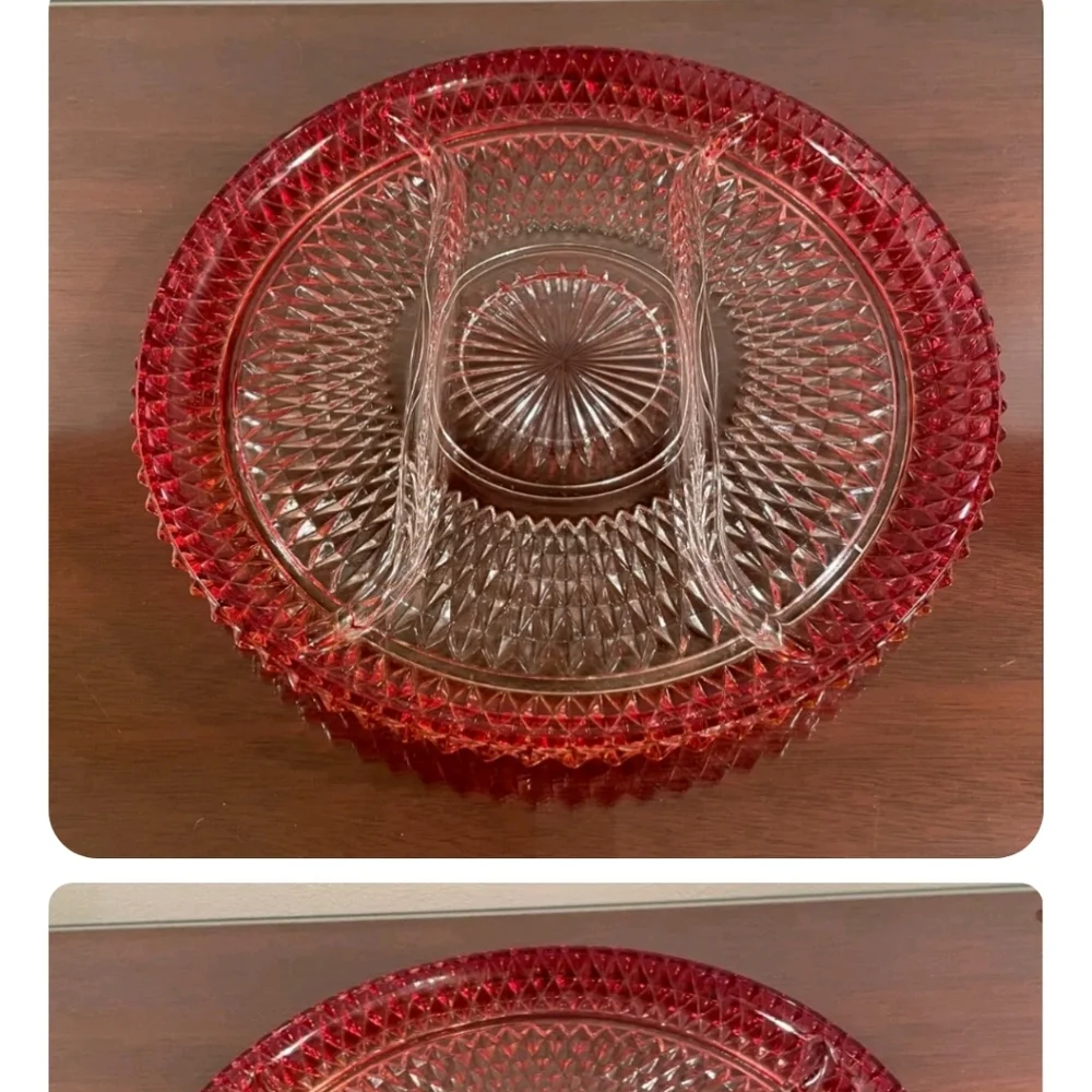 Vintage Indian Glass Diamond Point  Tray~Ruby Flash~3 Part~Relish~Serving Dish